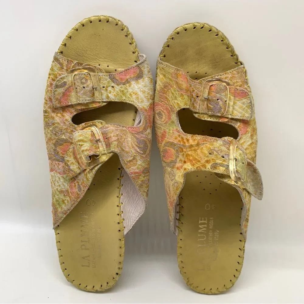 La Plume Floral Leather Yellow Slip on  Made in Italy Sandals Size 9 EUR 40 - Picture 10 of 13